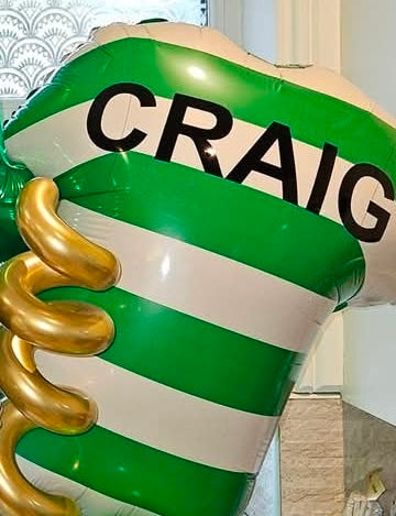 Helium filled green and white football top - personalised with name and number