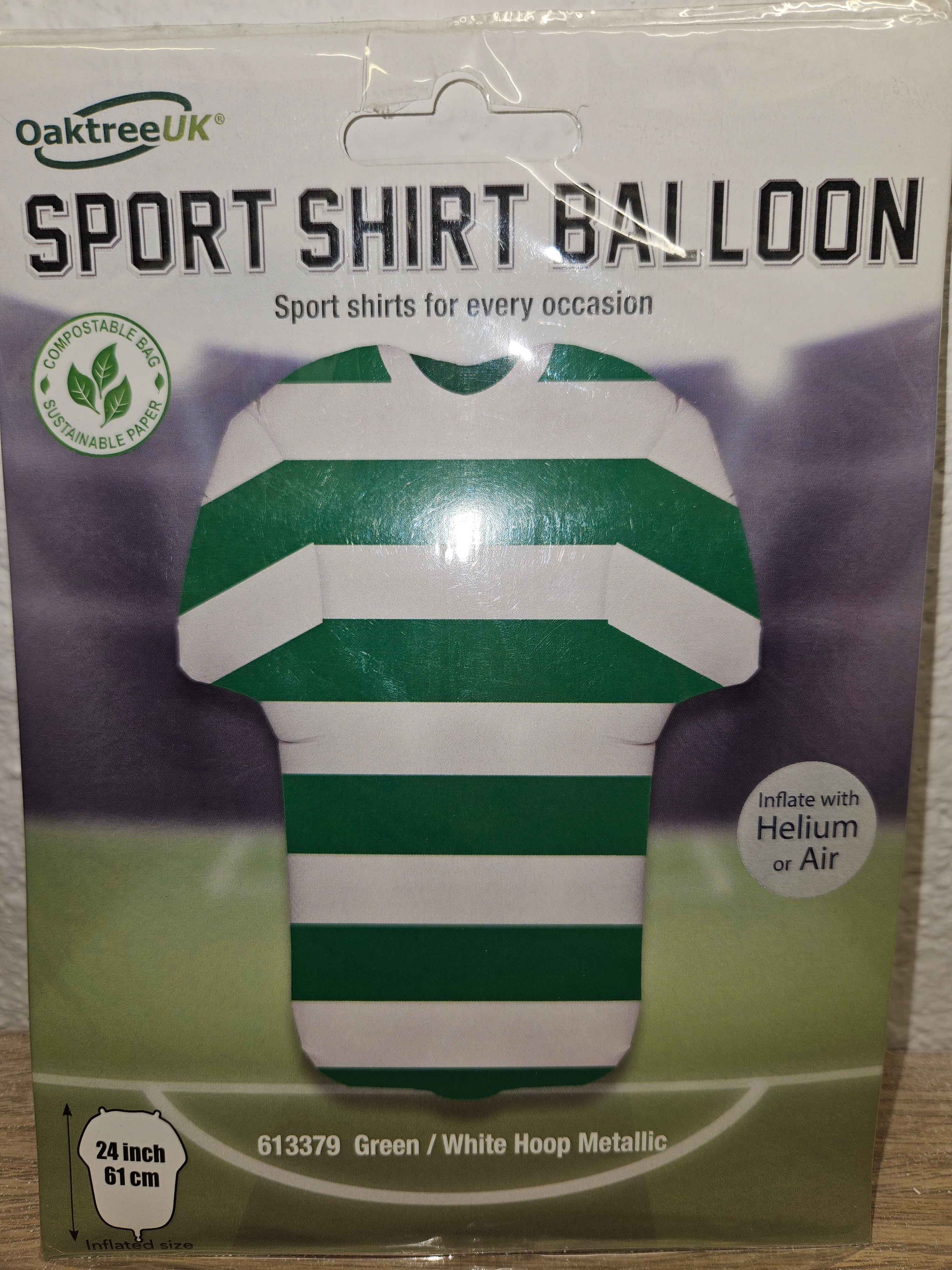 Helium filled green and white football top - personalised with name and number